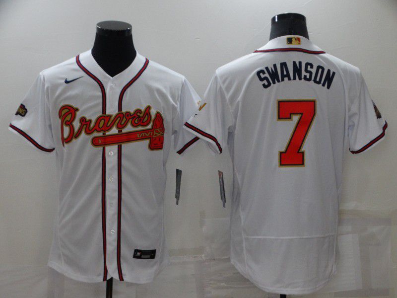 Men Atlanta Braves 7 Swanson White Gold Elite Nike 2022 MLB Jersey